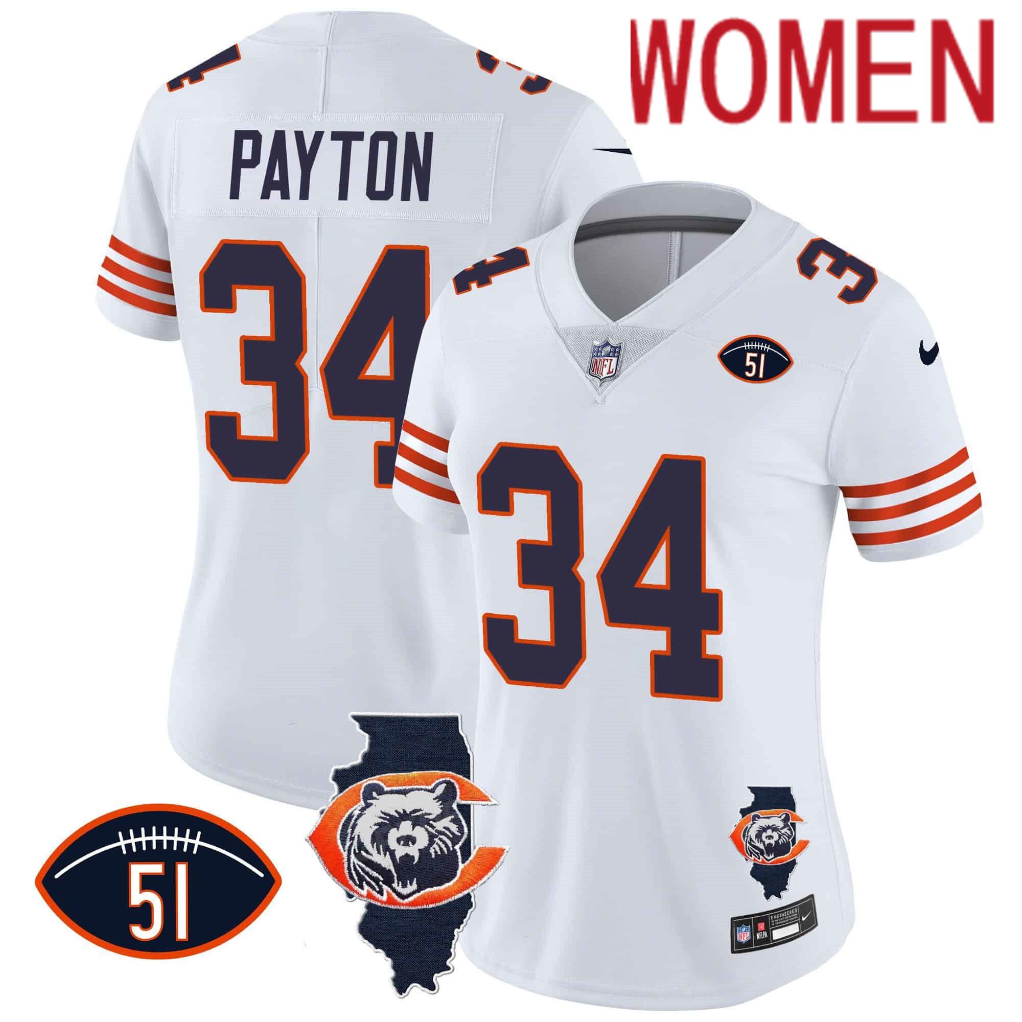 Women Chicago Bears 34 Payton White 2024 Nike Throwback Illinois Patch Vapor NFL Jersey
